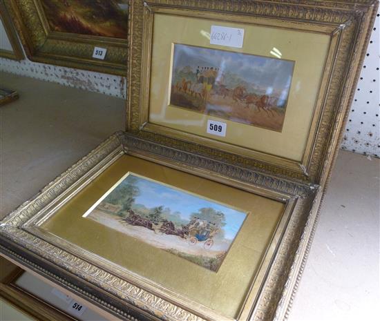 2 Gilt framed watercolours, horse and carriage(-)